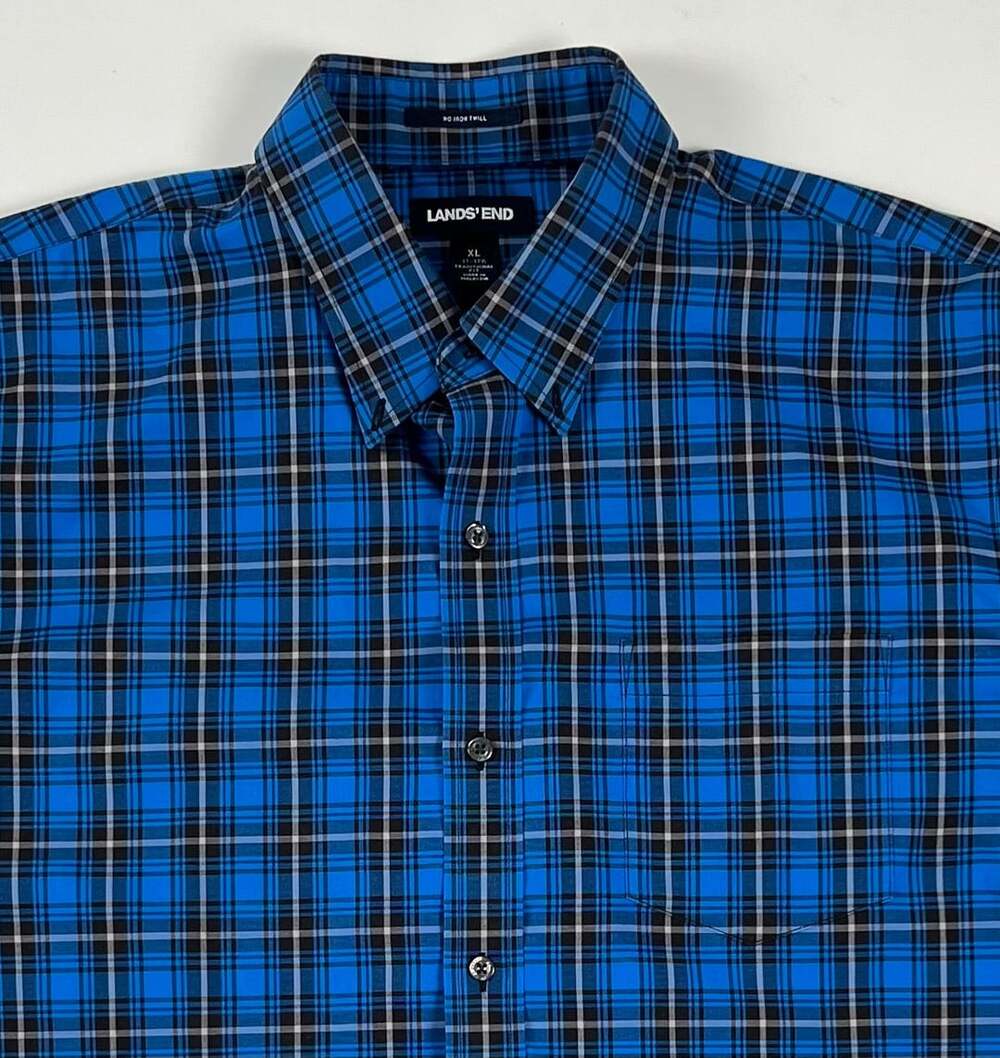 Lands' End No Iron Twill Traditional Fit Blue Plaid Long Sleeve Button-Down Shir